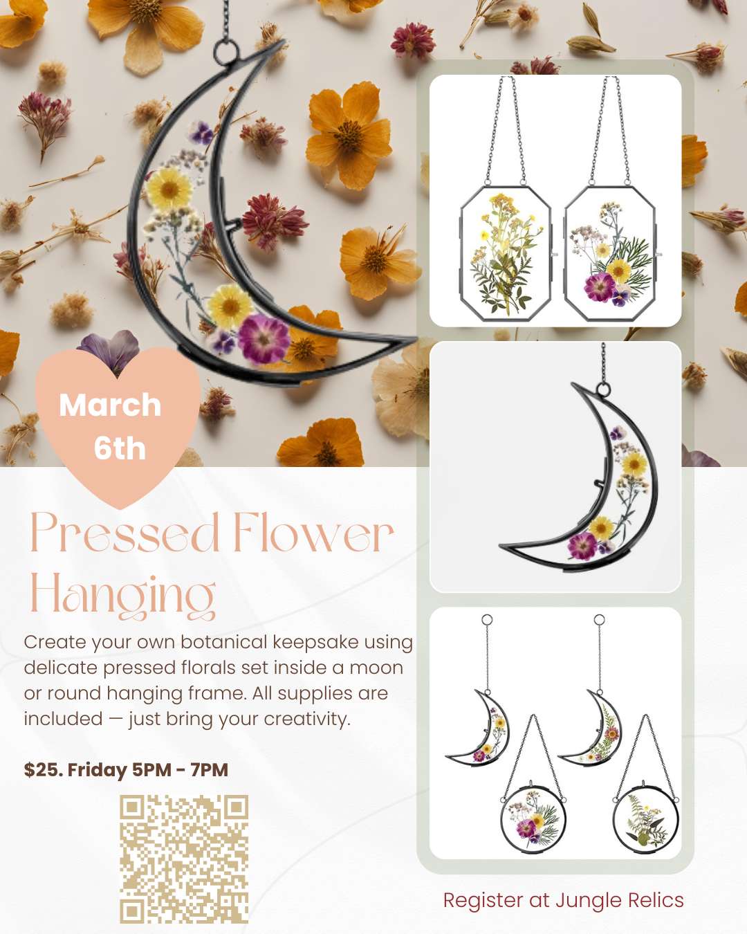 Mini Pressed Flower Hanging Workshop at Jungle Relics. Create a botanical moon or round frame keepsake using real pressed flowers. All supplies included.