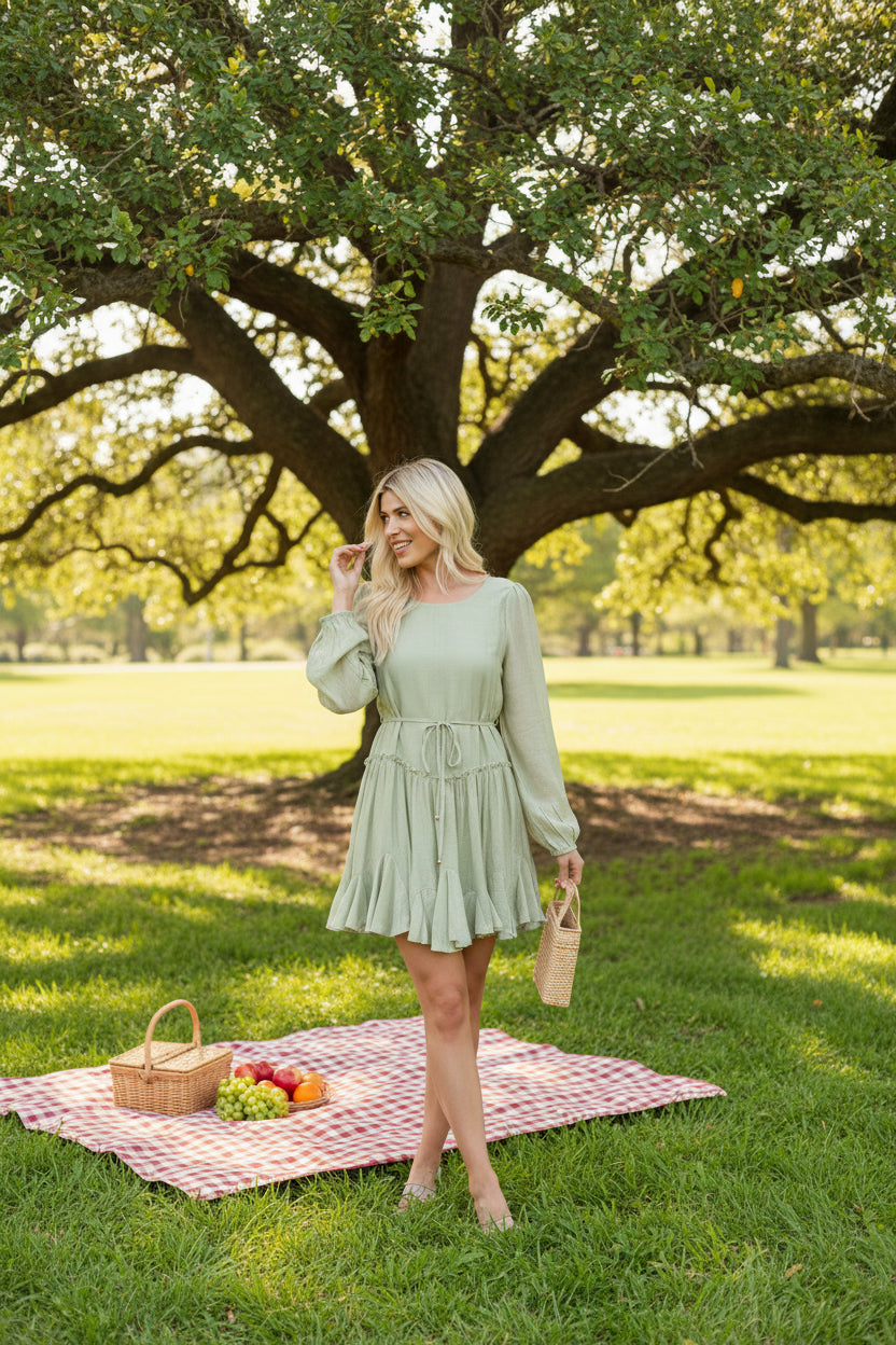 A flirty mini swing dress with balloon sleeves, ruffle trim, and adjustable waist. Lightweight, breathable, and perfect for everyday whimsy.
