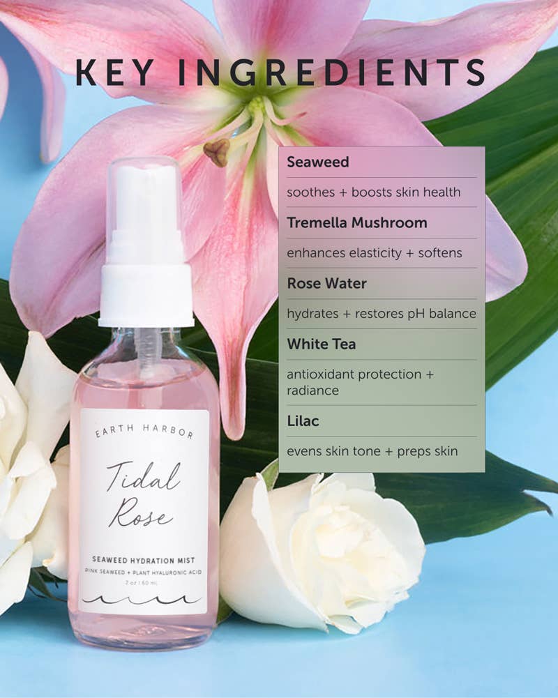 A refreshing seaweed + rose hydration mist that tones, boosts elasticity, and sets makeup. Vegan, pH-balanced, and plant-powered for dewy, glowing skin.