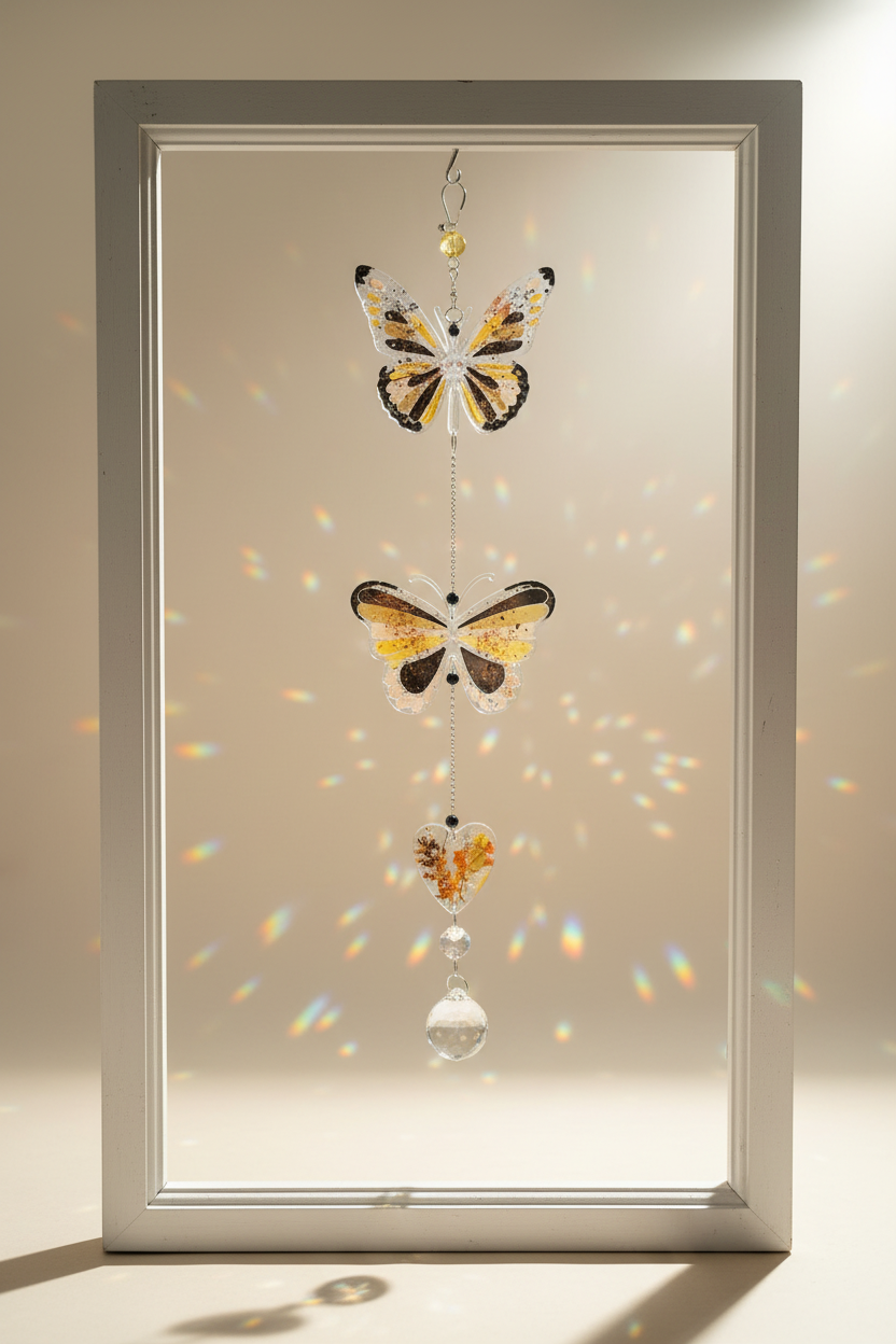 Handmade butterfly suncatchers with real pressed flowers and crystal chain. Reflects sunlight into rainbows—perfect for windows or near plants.