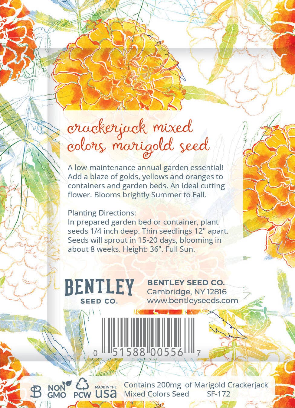Mother’s Day Crackerjack marigold seed packets with warm orange and yellow blooms. Easy-to-grow container flowers that brighten gardens all summer.