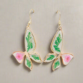 Narcissus & Ferns Butterfly Earrings with real pressed flowers in resin and gold-tone metal. Lightweight, nature-inspired statement jewelry for any occasion.