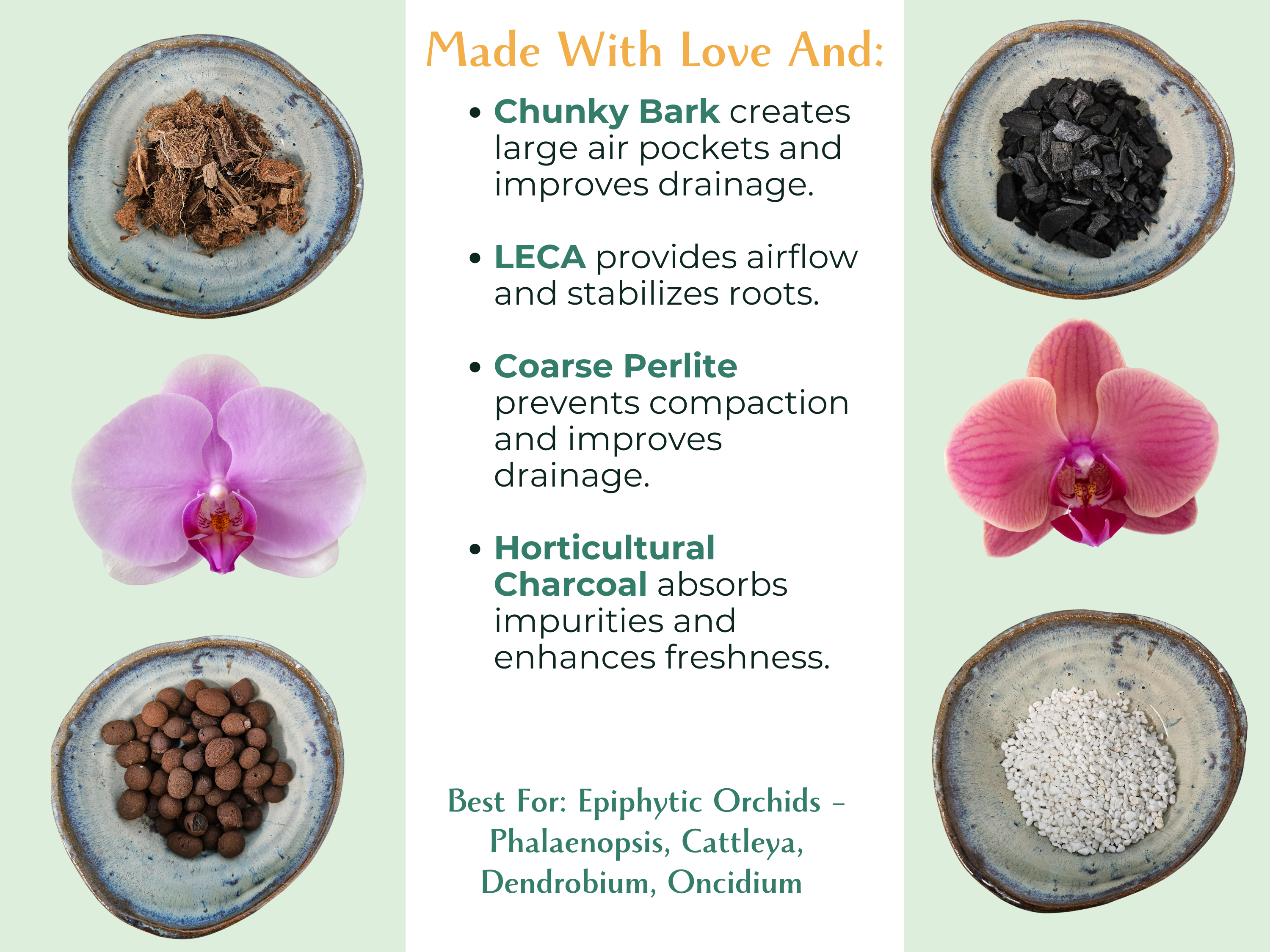 Jungle Gold Orchid Blend is the ultimate mix for epiphytic orchids! Made with fir bark, hardwood charcoal, perlite, and LECA, it provides optimal drainage, airflow, and moisture balance. Perfect for Phalaenopsis, Cattleya, and more. Prevents root rot and supports healthy growth. Hand-mixed in Idaho, eco-friendly, and chemical-free!