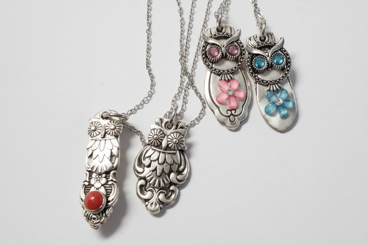 Handcrafted owl necklace made from vintage silverware. 1" pendant on 18" chain. Unique, upcycled jewelry with charm, symbolism, and timeless style.