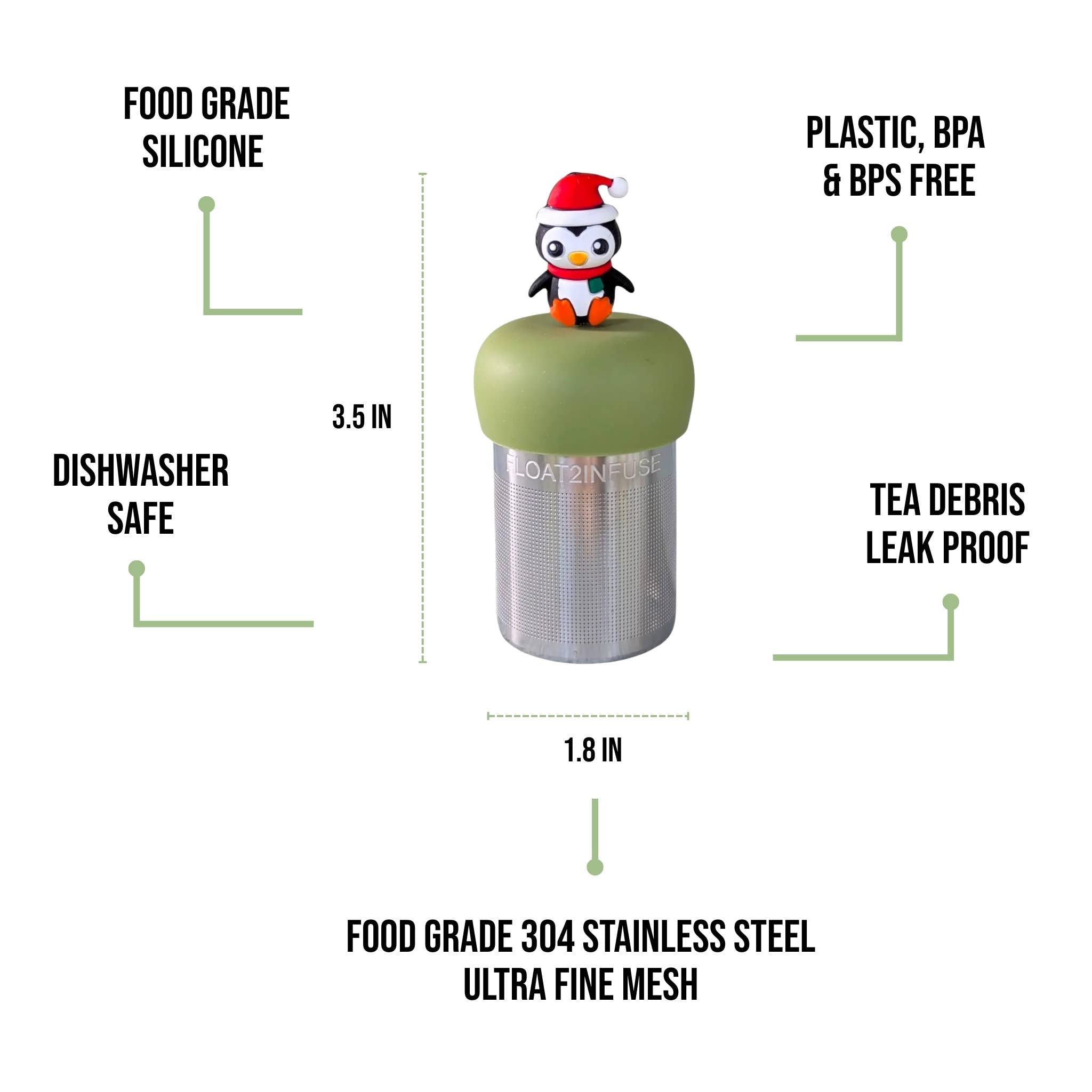 Christmas Penguin Tea Steeper with silicone cap and fine mesh. Perfect for hot or iced tea, reusable, giftable, and designed with heart.