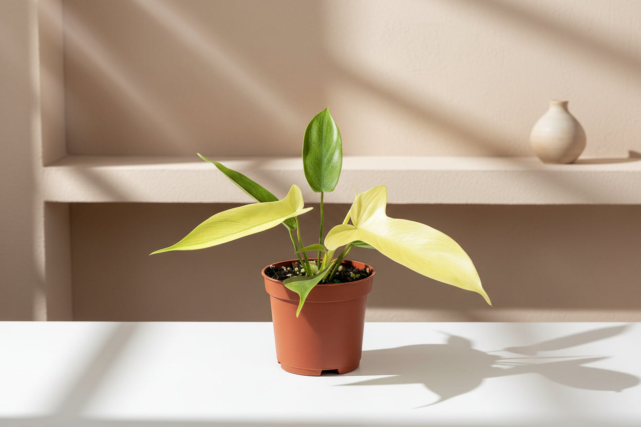 Philodendron Florida Ghost features ghostly white new leaves and deeply lobed foliage, making it a rare, sculptural climbing houseplant for collectors.