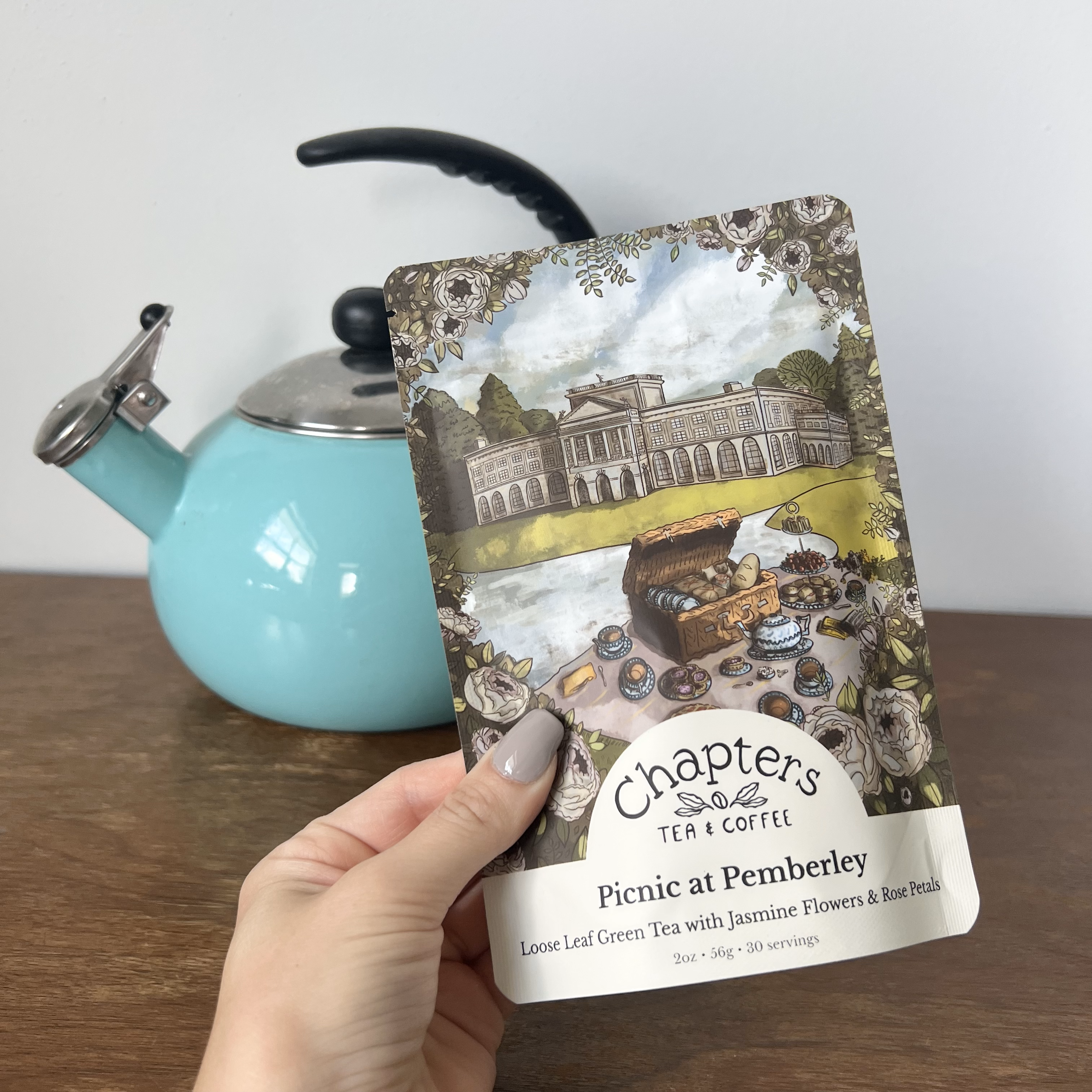 Elevate your tea ritual with Picnic at Pemberley, a Pride and Prejudice-inspired blend featuring green tea, jasmine flowers, and rose petals. This elegant infusion captures the romance of Austen&
