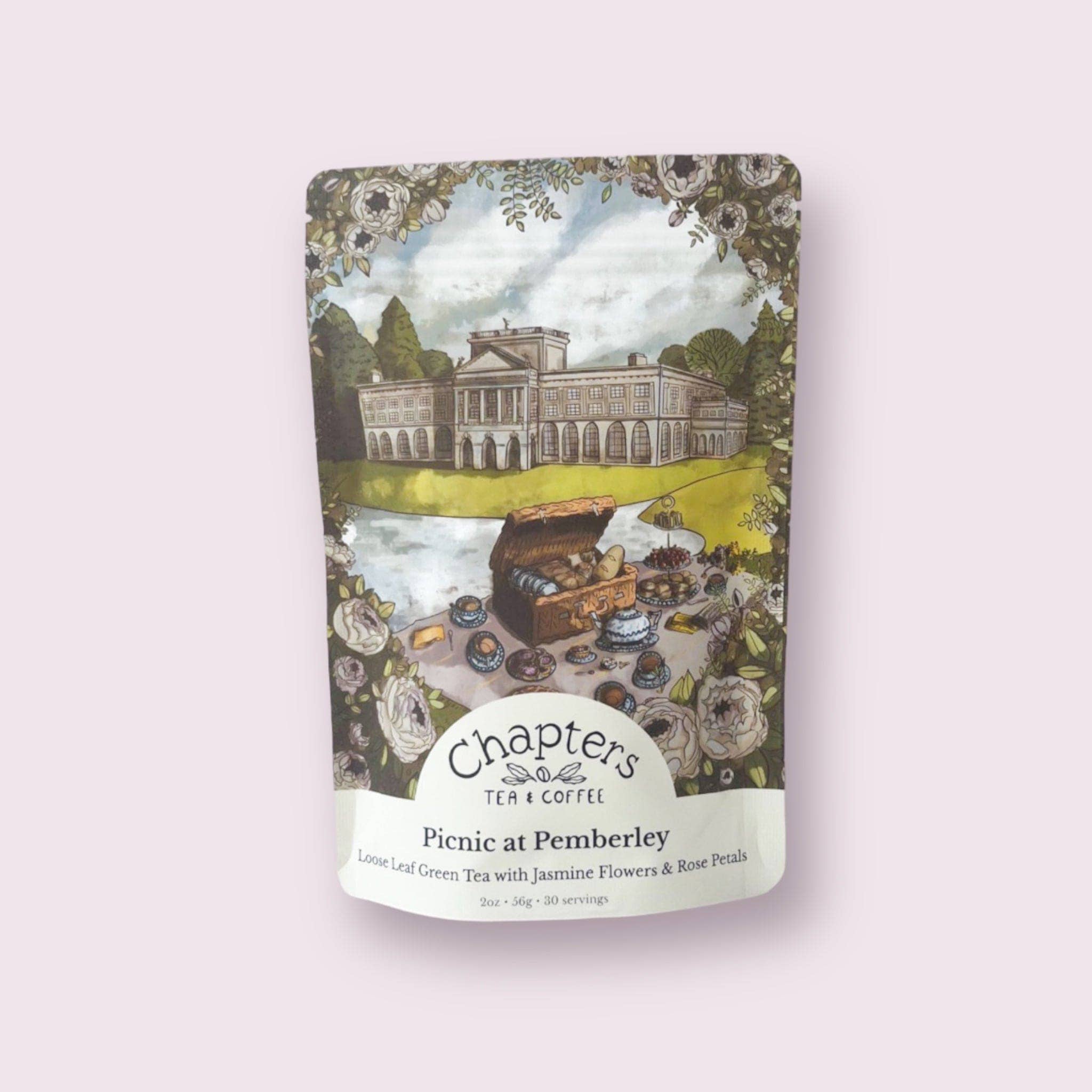 Elevate your tea ritual with Picnic at Pemberley, a Pride and Prejudice-inspired blend featuring green tea, jasmine flowers, and rose petals. This elegant infusion captures the romance of Austen&