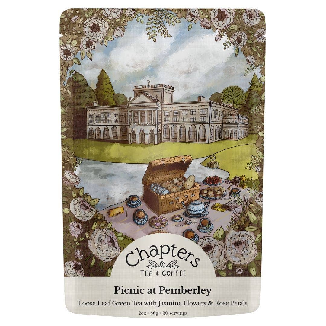Elevate your tea ritual with Picnic at Pemberley, a Pride and Prejudice-inspired blend featuring green tea, jasmine flowers, and rose petals. This elegant infusion captures the romance of Austen&