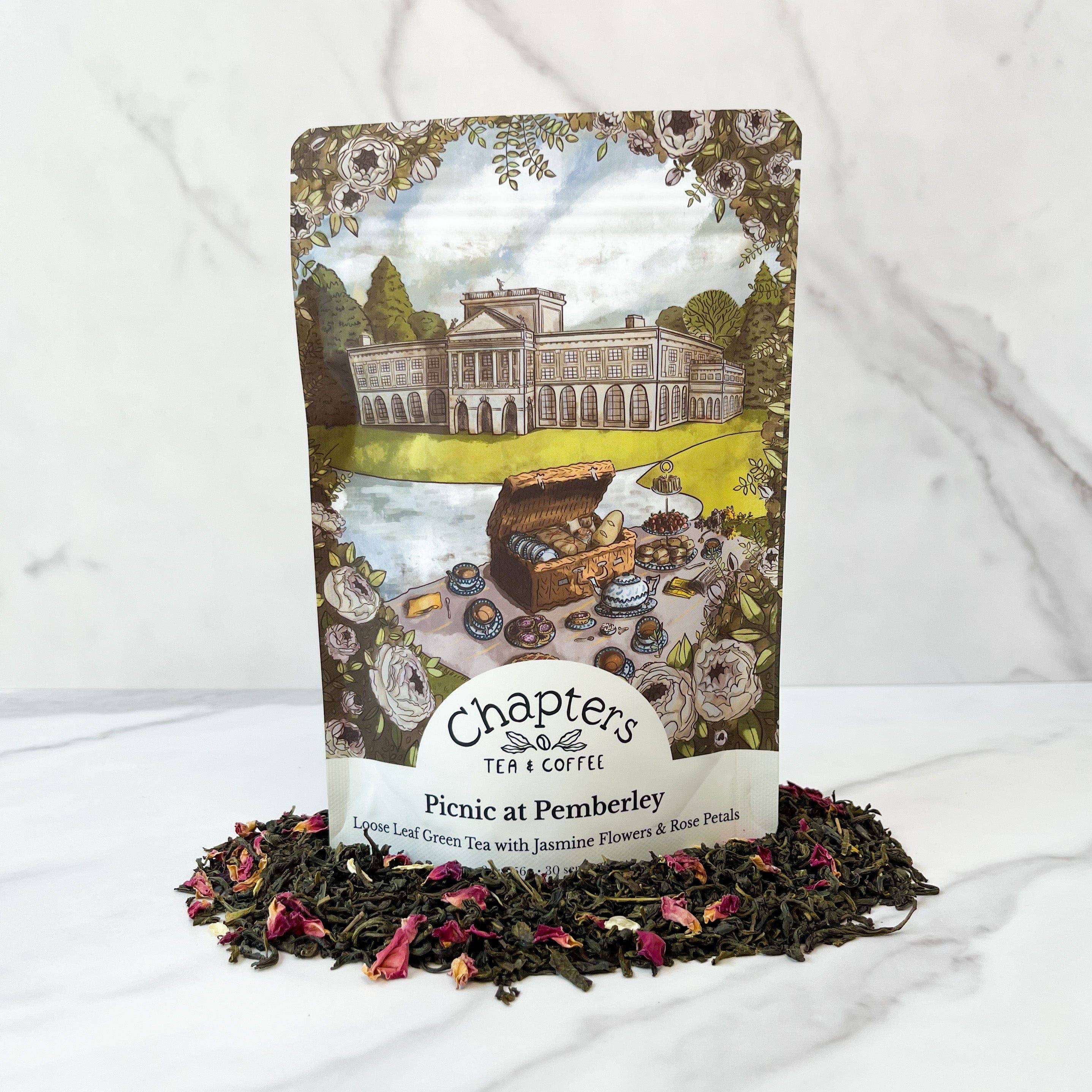 Elevate your tea ritual with Picnic at Pemberley, a Pride and Prejudice-inspired blend featuring green tea, jasmine flowers, and rose petals. This elegant infusion captures the romance of Austen&