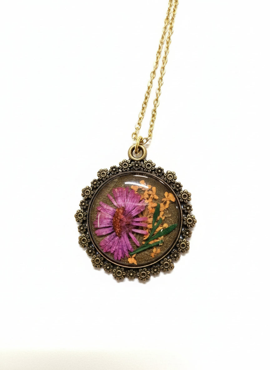 Forest Night Botanical Necklace with real preserved botanicals in resin. A moody, handcrafted nature-inspired keepsake for woodland lovers.