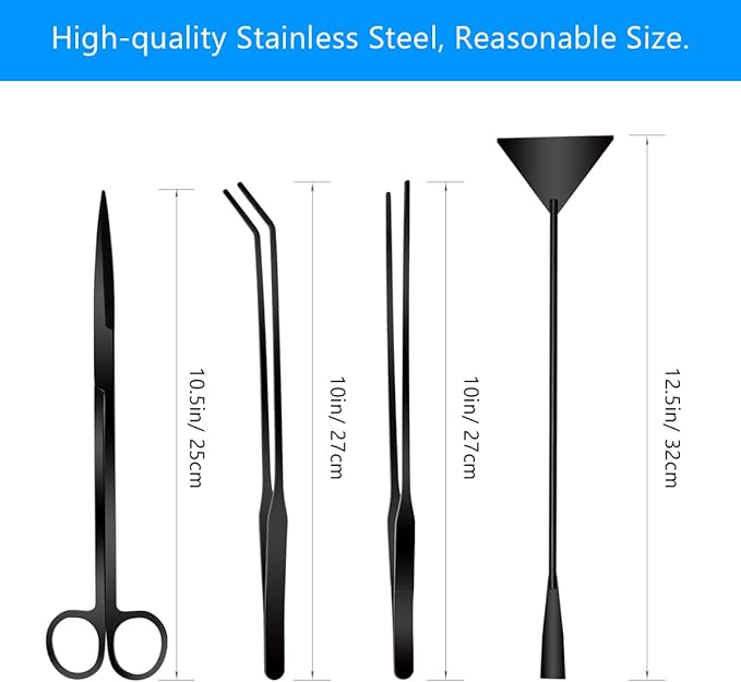 Enhance your terrarium or plant scaping with our 4-in-1 Terrarium Tools Kit, designed for precision and ease. Perfect for trimming delicate plants, arranging moss, or shaping landscapes. This versatile set includes a 10.5" curved scissor, 10" straight and curved tweezers, and a 12.5" sand spatula.