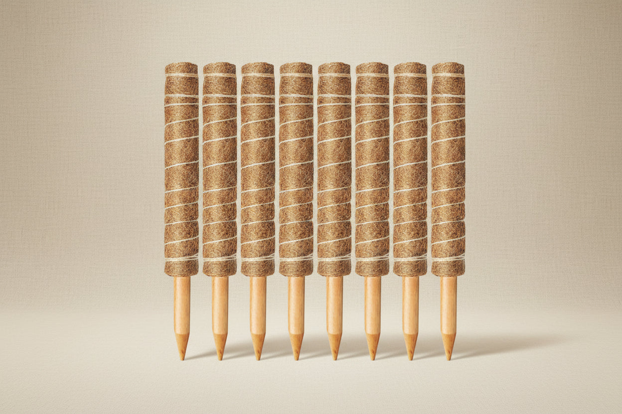 Support your indoor climbing plants with ease using Moss Poles. Perfect for Monsteras, pothos, and other climbers, these stackable poles promote upward growth and are made from natural, breathable coconut coir.