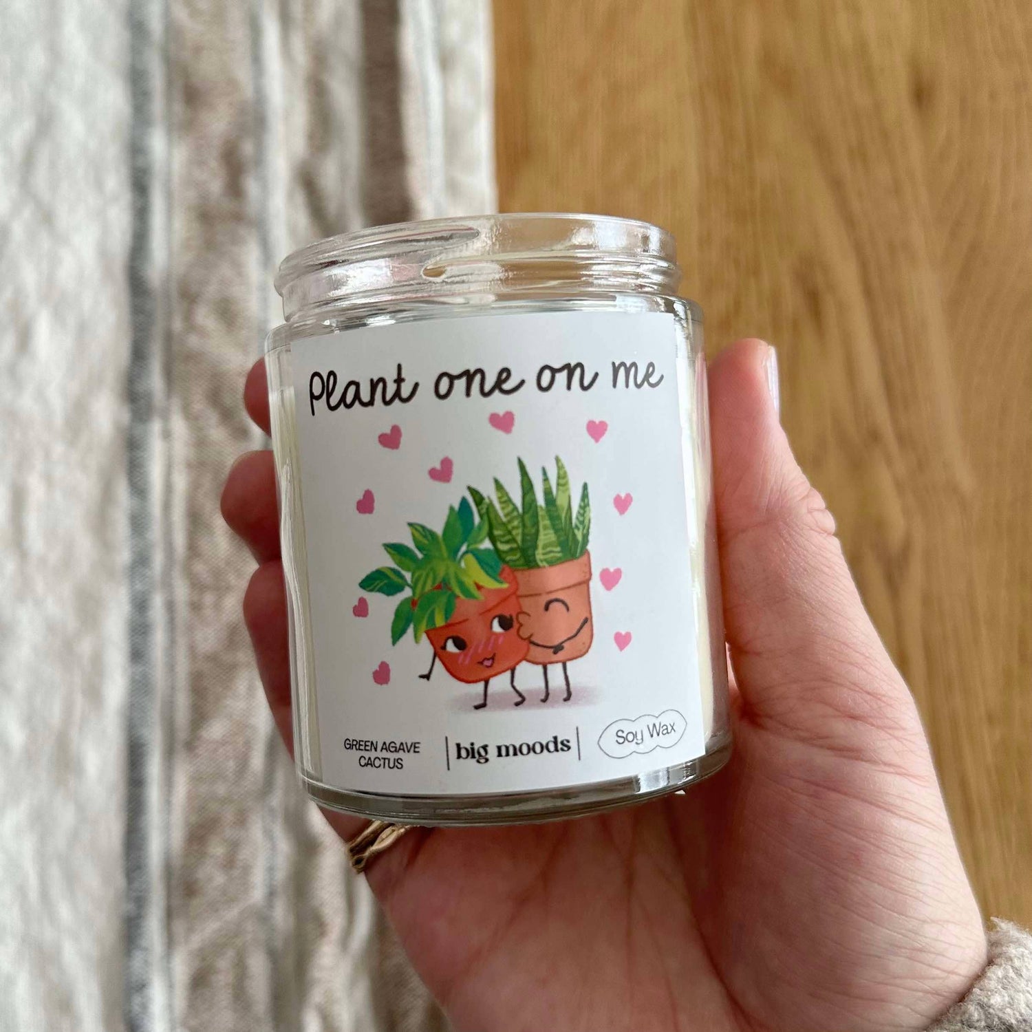 Plant One On Me: A fresh, spa-like blend of cactus flower, agave & dewy leaves in a 5oz soy candle. Vegan, eco-friendly, and hand-poured for 30–40 hours of bliss.