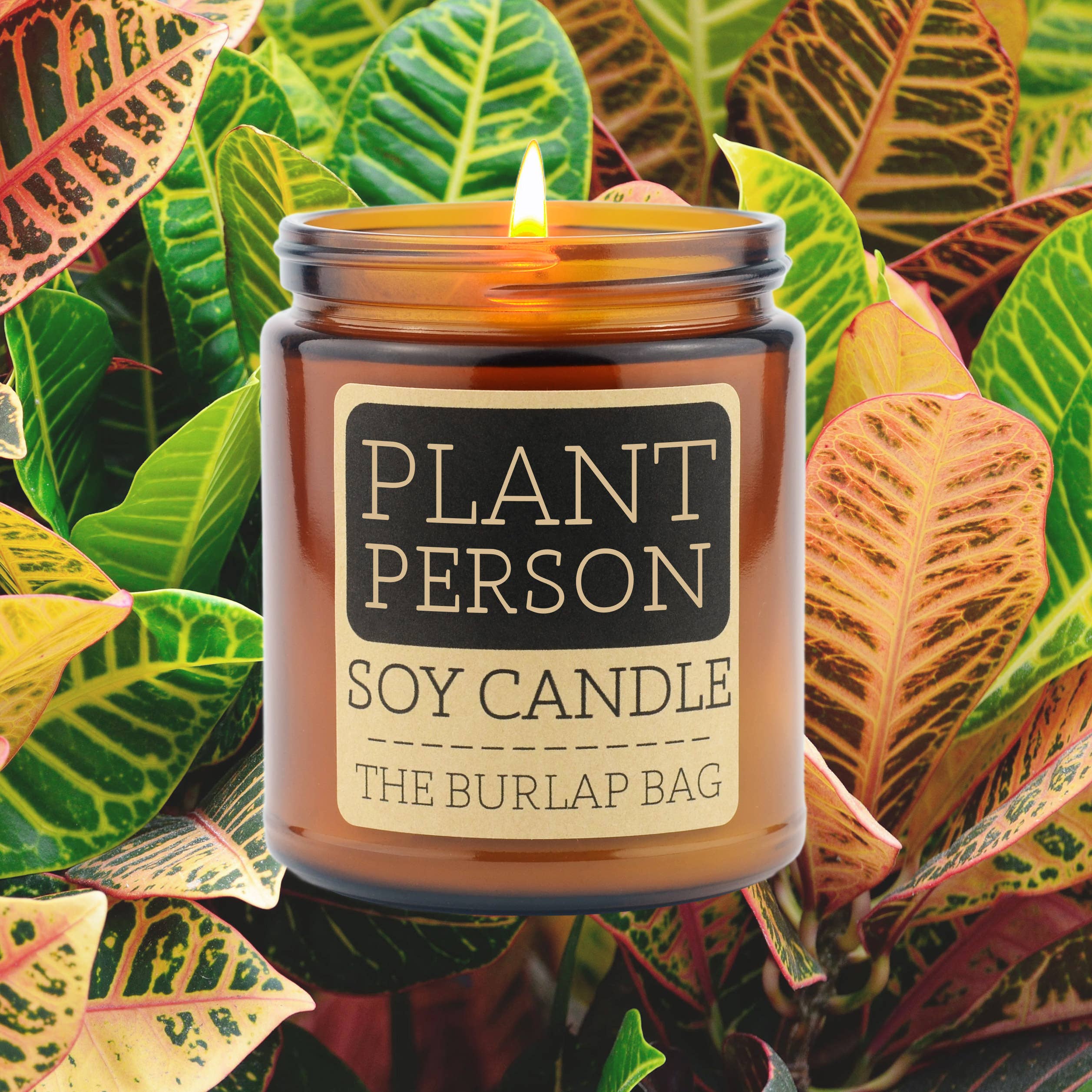 Plant Person: A fresh, earthy blend of tomato leaf, basil & green vines in a minimalist amber jar. Hand-poured soy candle with a 50+ hr burn.