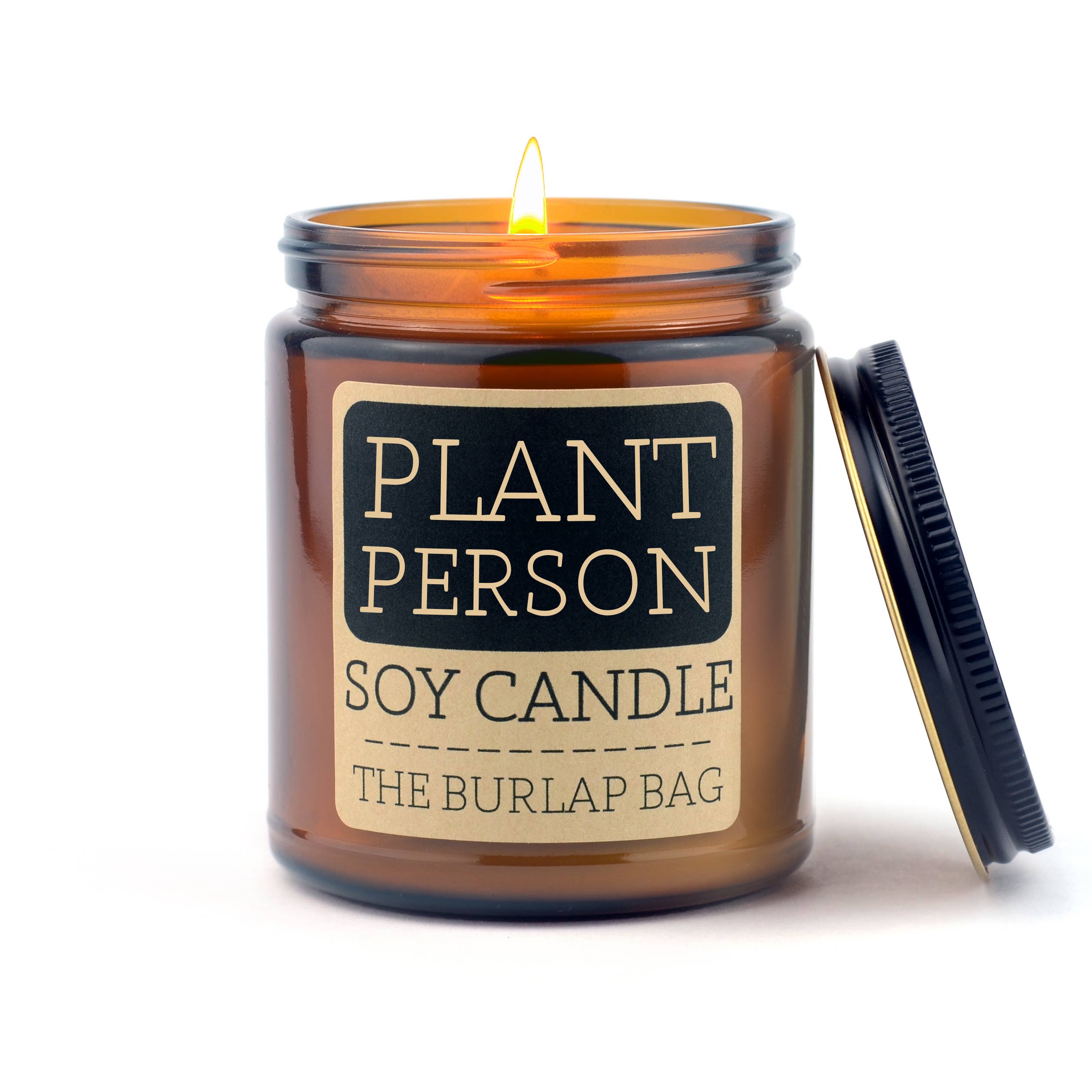 Plant Person: A fresh, earthy blend of tomato leaf, basil & green vines in a minimalist amber jar. Hand-poured soy candle with a 50+ hr burn.