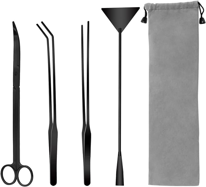 Enhance your terrarium or plant scaping with our 4-in-1 Terrarium Tools Kit, designed for precision and ease. Perfect for trimming delicate plants, arranging moss, or shaping landscapes. This versatile set includes a 10.5" curved scissor, 10" straight and curved tweezers, and a 12.5" sand spatula.