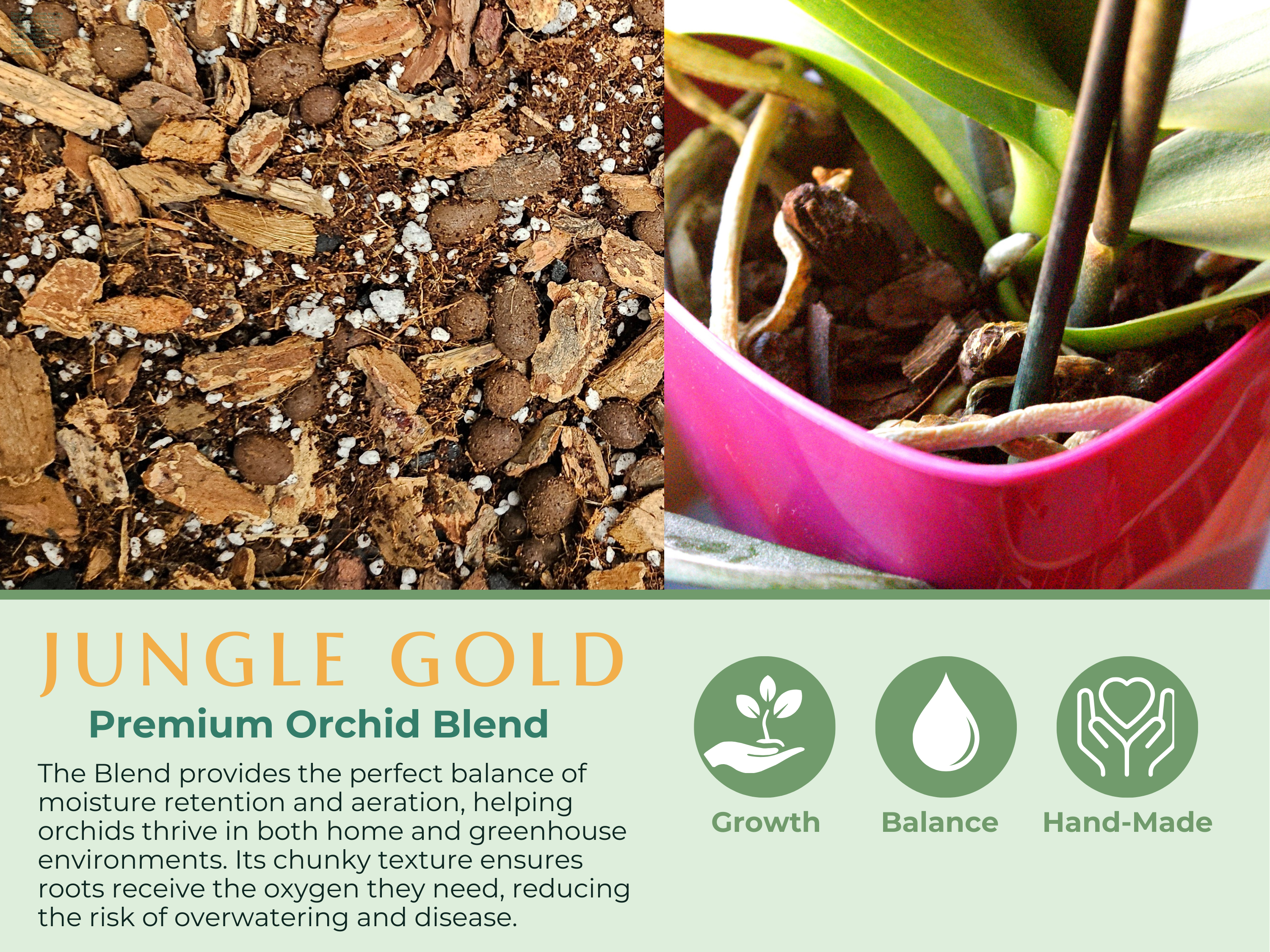 Jungle Gold Orchid Blend is the ultimate mix for epiphytic orchids! Made with fir bark, hardwood charcoal, perlite, and LECA, it provides optimal drainage, airflow, and moisture balance. Perfect for Phalaenopsis, Cattleya, and more. Prevents root rot and supports healthy growth. Hand-mixed in Idaho, eco-friendly, and chemical-free!