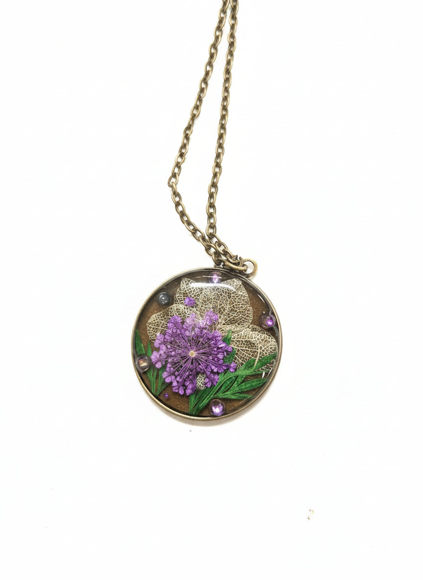 Forest Night Botanical Necklace with real preserved botanicals in resin. A moody, handcrafted nature-inspired keepsake for woodland lovers.