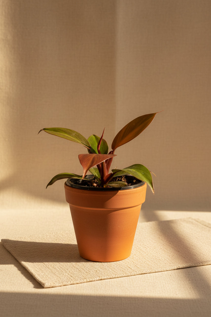 Rare Blood Luna Philodendron, known for its deep burgundy foliage and copper-toned new growth. An easy-care collector plant for indoor jungles.
