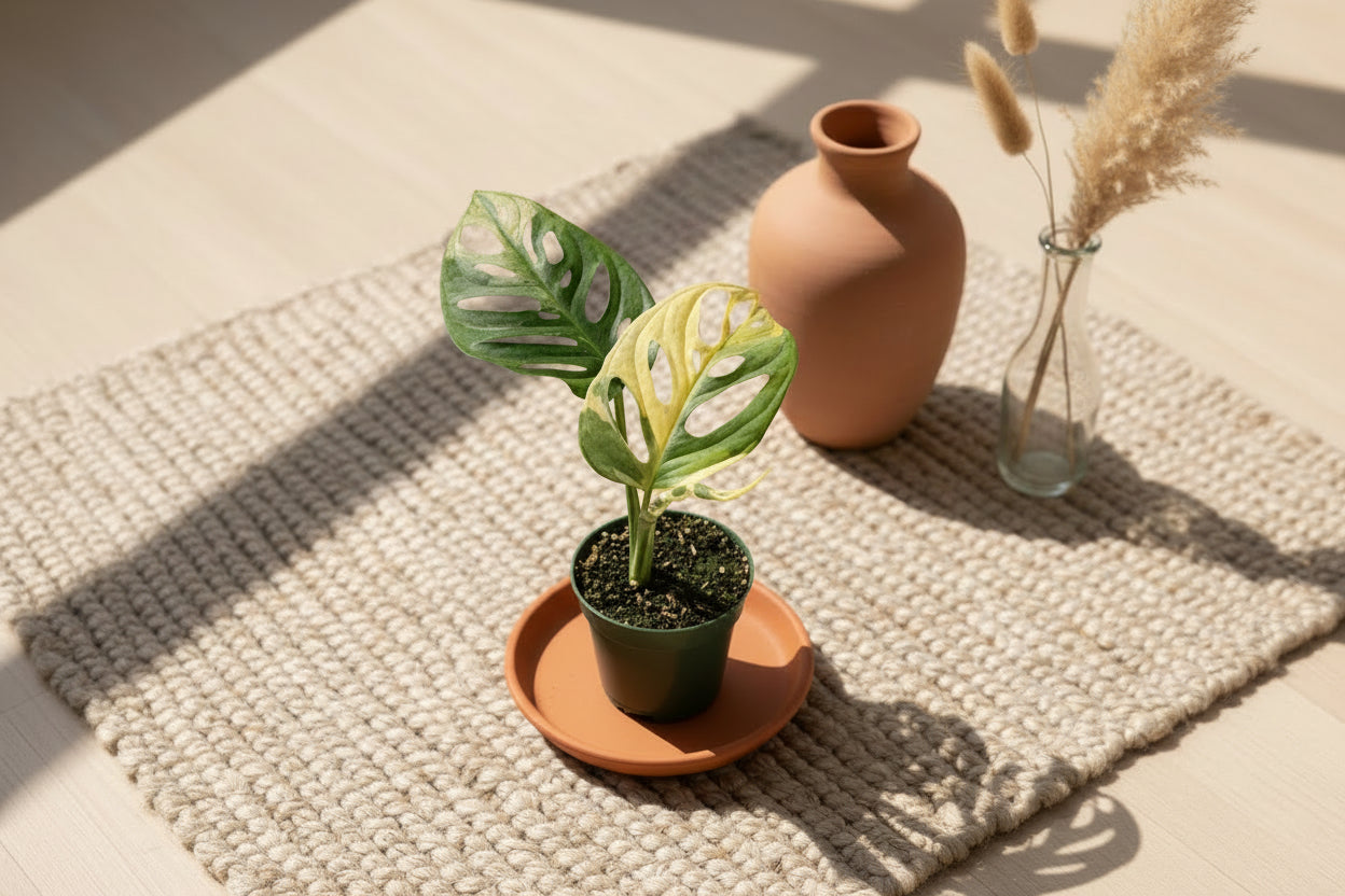 Rare Monstera adansonii “Tricolor” with bold green, white, and pink variegation. A highly sought climbing aroid that makes a stunning collector’s piece.