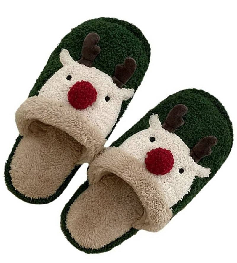 Soft plush cozy slippers in whimsical Mushroom or festive Reindeer style. Made with 66% cotton, 32% polyester & 2% spandex for warm, comfy all-day wear.