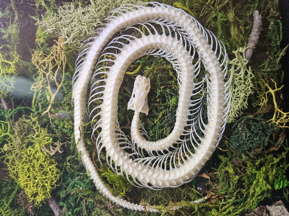 Serpent Spiral is a preserved moss art piece featuring a real spiral snake skeleton—symbolizing rebirth, nature’s cycles, and organic beauty in a 6"x8" frame.