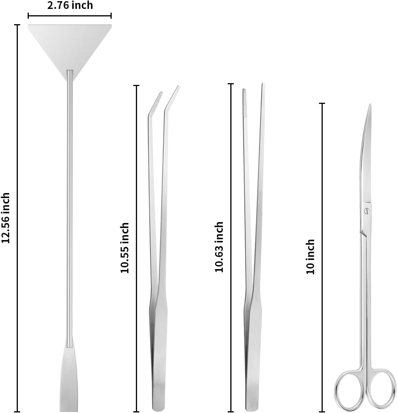 Enhance your terrarium or plant scaping with our 4-in-1 Terrarium Tools Kit, designed for precision and ease. Perfect for trimming delicate plants, arranging moss, or shaping landscapes. This versatile set includes a 10.5" curved scissor, 10" straight and curved tweezers, and a 12.5" sand spatula.