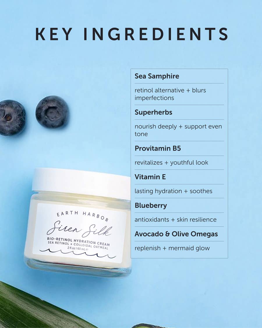 SIREN SILK is a bio-retinol hydration cream that softens fine lines, restores elasticity, and deeply hydrates with sea botanicals. Vegan, clean, & ocean-powered.