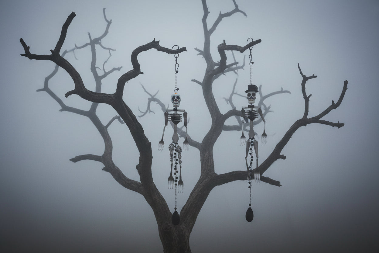 Skeleton Rattle & Bone Hanging Chime handcrafted from vintage silverware with crystal accent—whimsical skeleton wind chime with soft sound and one-of-a-kind charm.