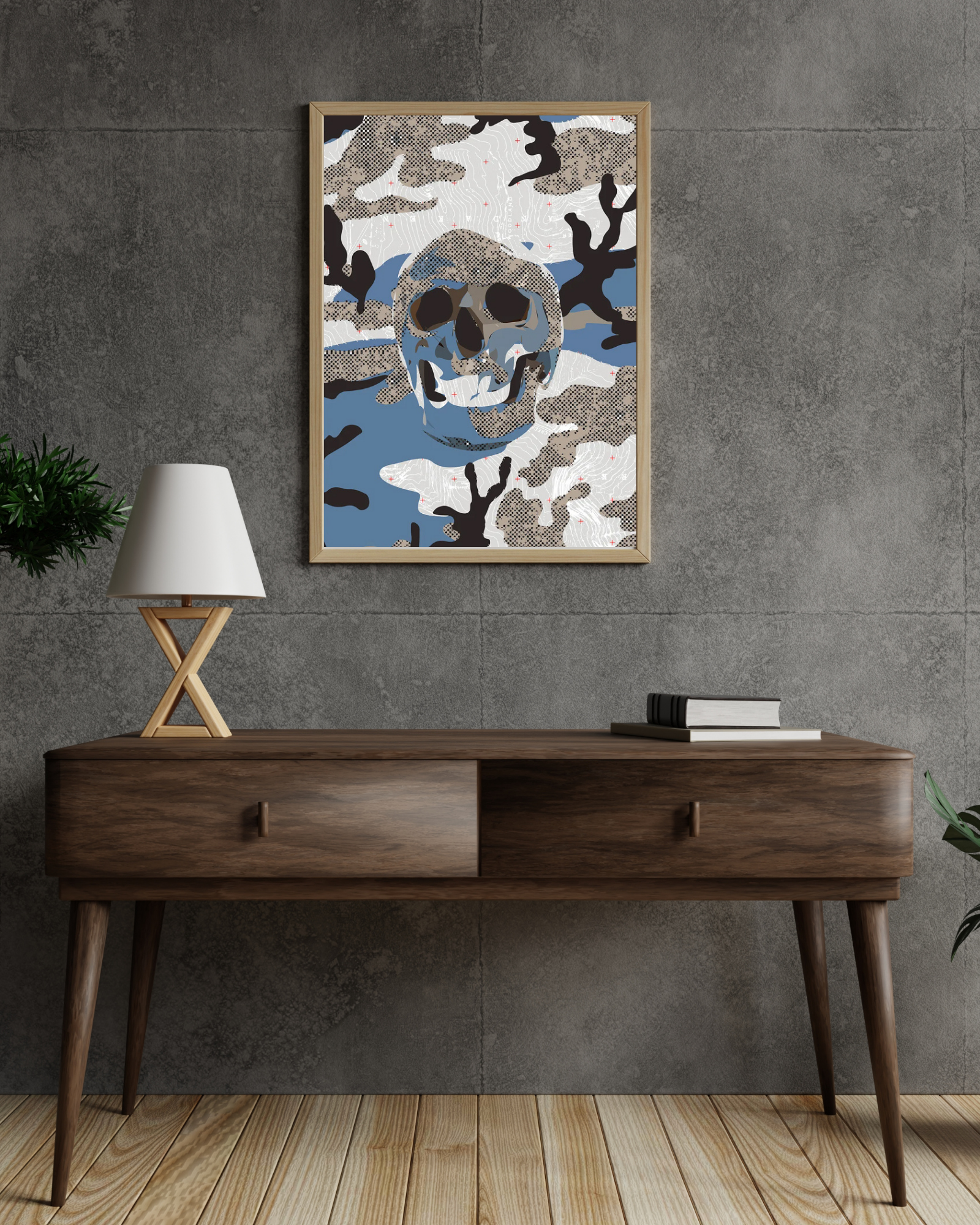 Skullmeleon (11"x14", $30) is a striking art print featuring a skull blending into a camouflage background of abstract shapes in muted blue and beige. With themes of mortality and transformation, it adds a mysterious, modern edge to any space. Pair with a Pothos for a vibrant contrast to the neutral tones.