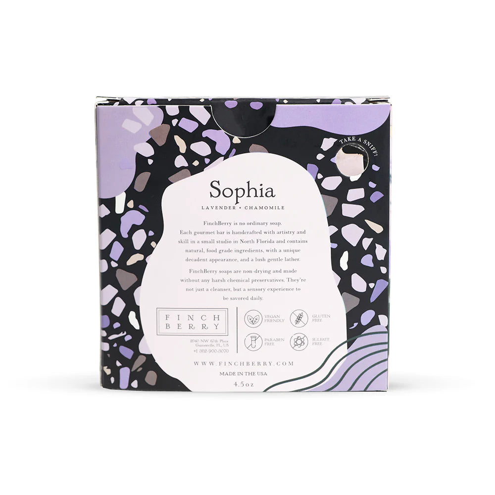 Sophia Terrazzo Soap—lavender & chamomile scent for soothing, gentle cleansing. Vegan, handcrafted, and nourishing with organic oils & shea butter.