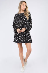 Starry Blossom Woven Dress with long sleeves, elastic waist & floral print. A chic black mini perfect for day-to-night style. Lined & lightweight.