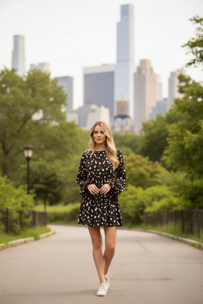 Starry Blossom Woven Dress with long sleeves, elastic waist & floral print. A chic black mini perfect for day-to-night style. Lined & lightweight.