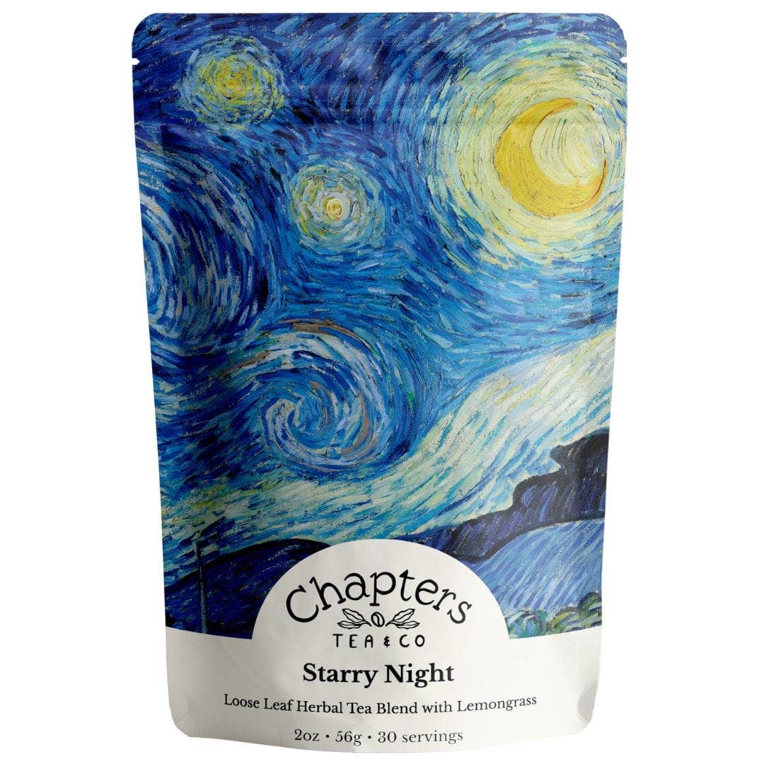 Relax with Starry Night Bedtime Blend, a caffeine-free tea with soothing lemony herbs. Inspired by Van Gogh, perfect for unwinding and peaceful sleep