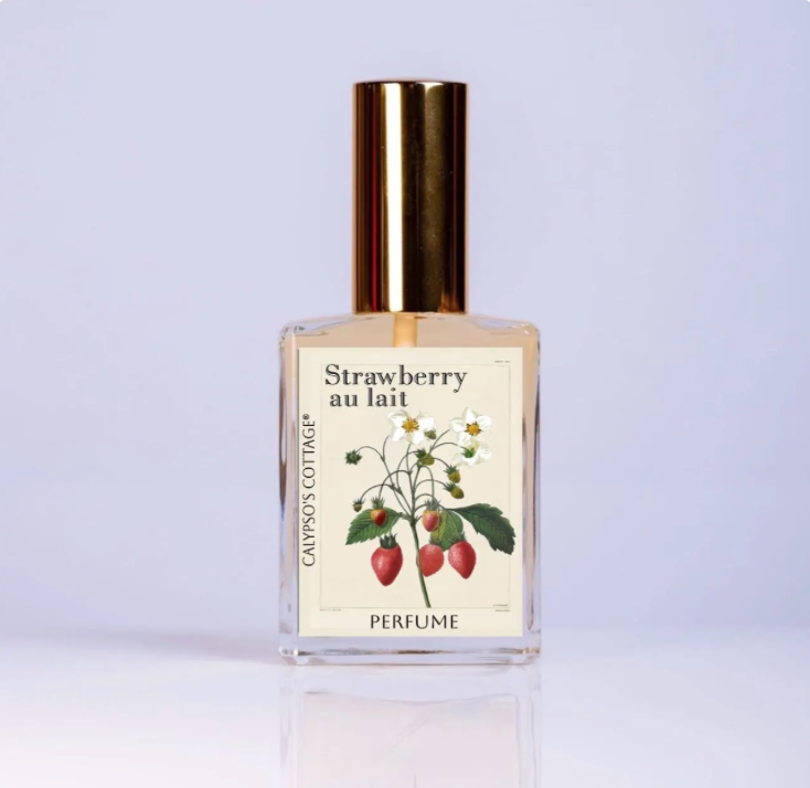 Strawberry au Lait Perfume—fresh strawberry, sugar, cream & vanilla in a sweet, fruity gourmand blend. Luxe indie fragrance available as oil or spray.