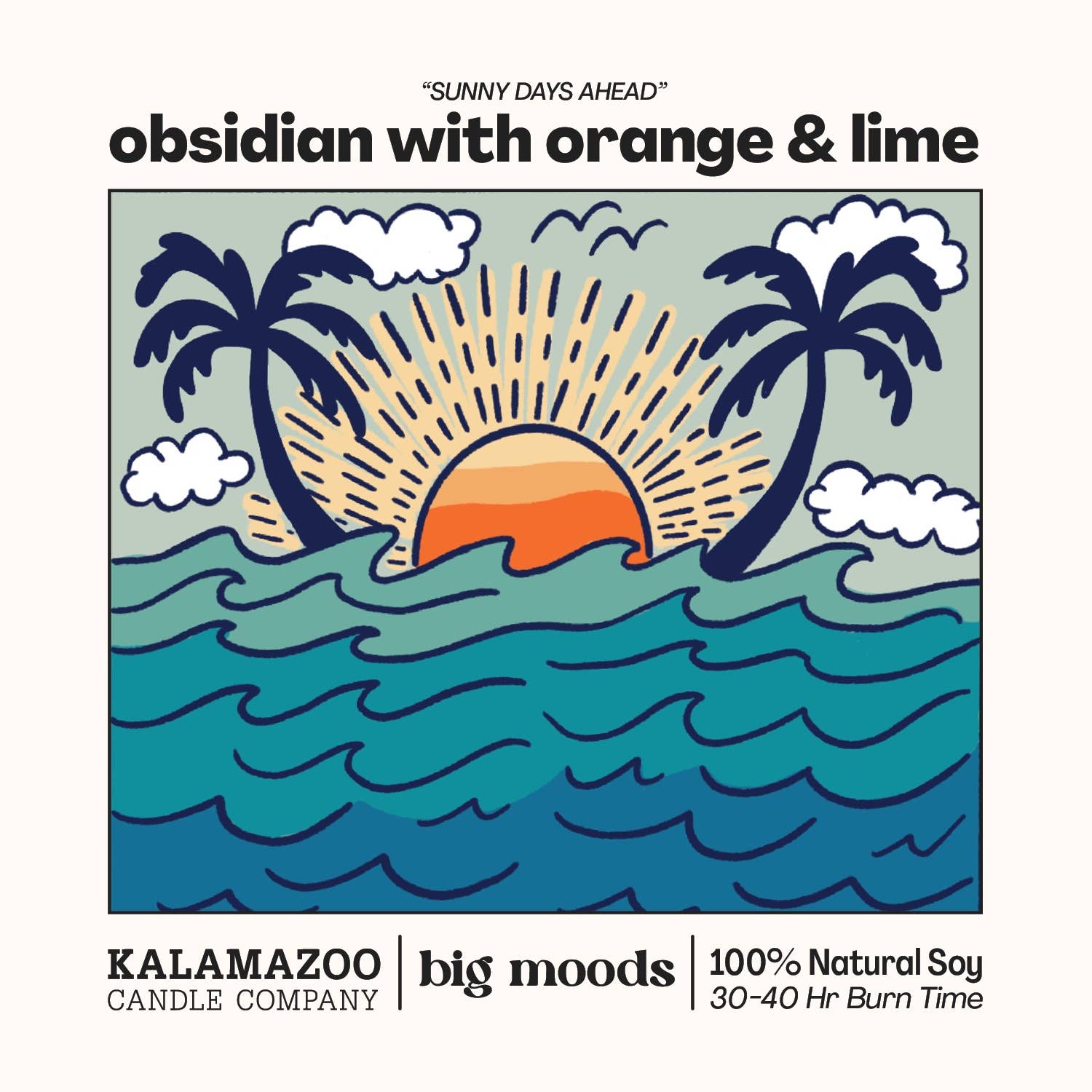 Sunny Days Ahead: A bright blend of orange, lime & obsidian in a 5oz soy candle. Vegan, eco-friendly, and hand-poured for 30–40 hours of sunny coastal bliss.