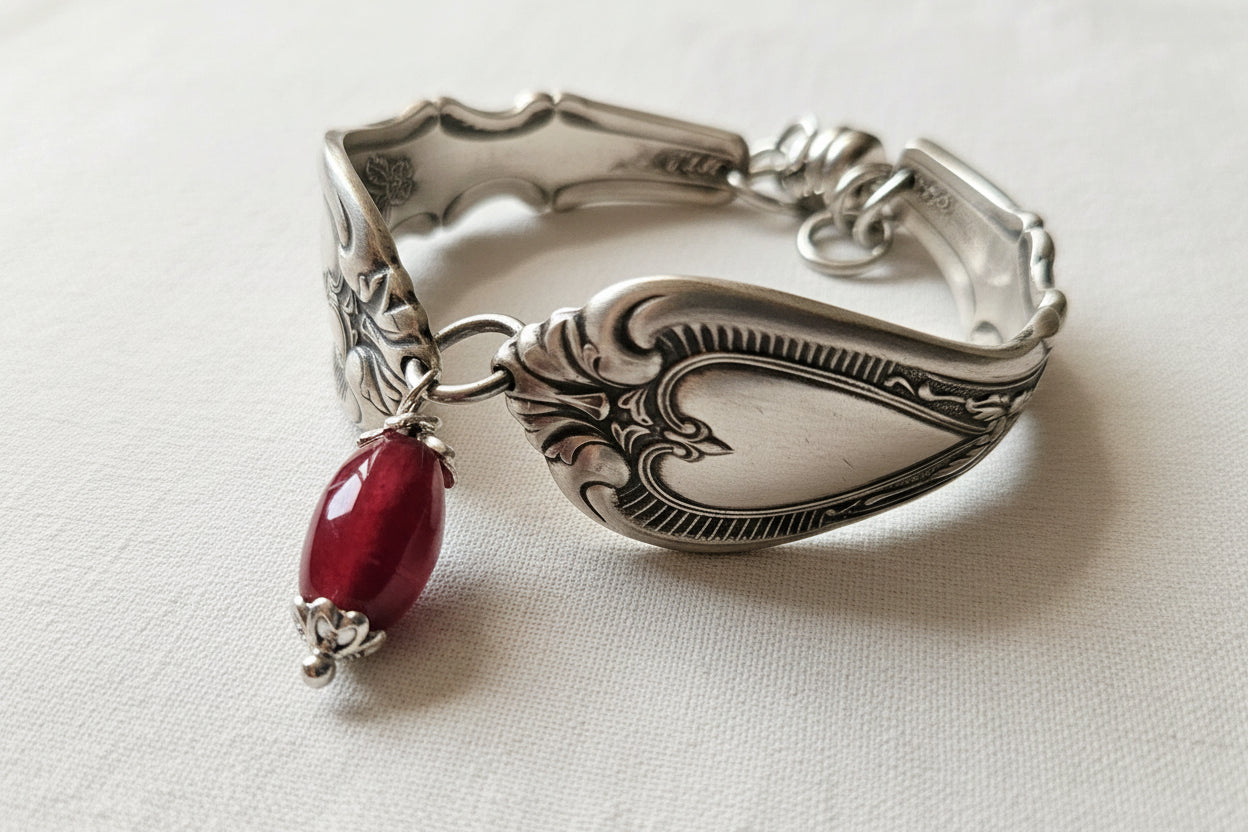 Handcrafted Sweetheart pattern bracelet made from highly collectible Chase Silver Company silverware, sustainably repurposed with a heart detail.