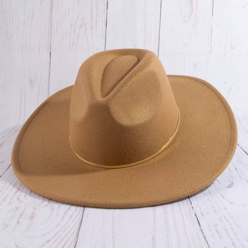 Flat brim fedora hat with herringbone chain detail and structured silhouette. A chic modern accessory perfect for elevated everyday, boho, and western-inspired style.