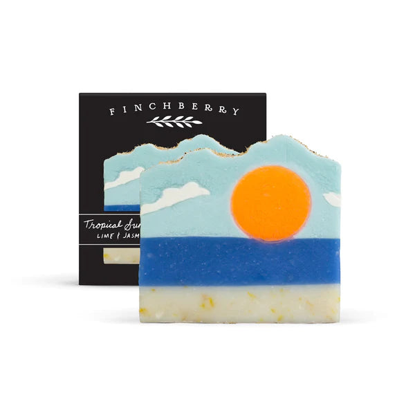 Tropical Sunshine Soap—lime, coconut, mandarin & jasmine in a beach-sunset bar. Nourishing artisan soap with calendula, loofah & rich tropical lather.
