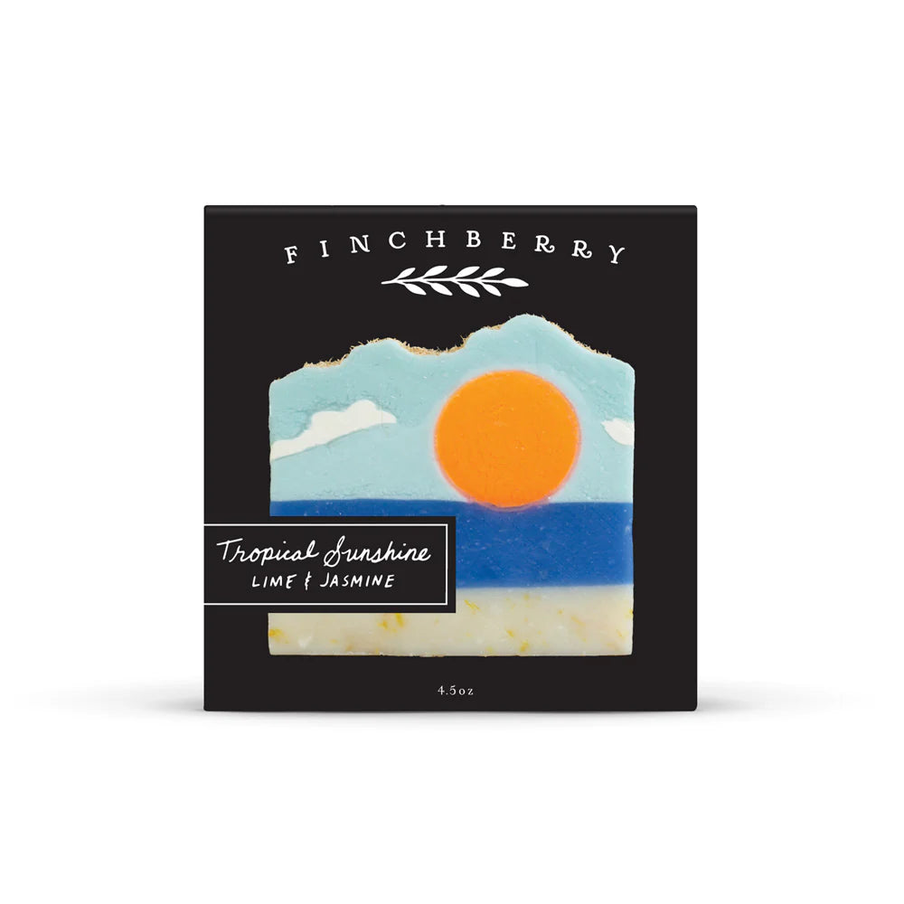 Tropical Sunshine Soap—lime, coconut, mandarin & jasmine in a beach-sunset bar. Nourishing artisan soap with calendula, loofah & rich tropical lather.