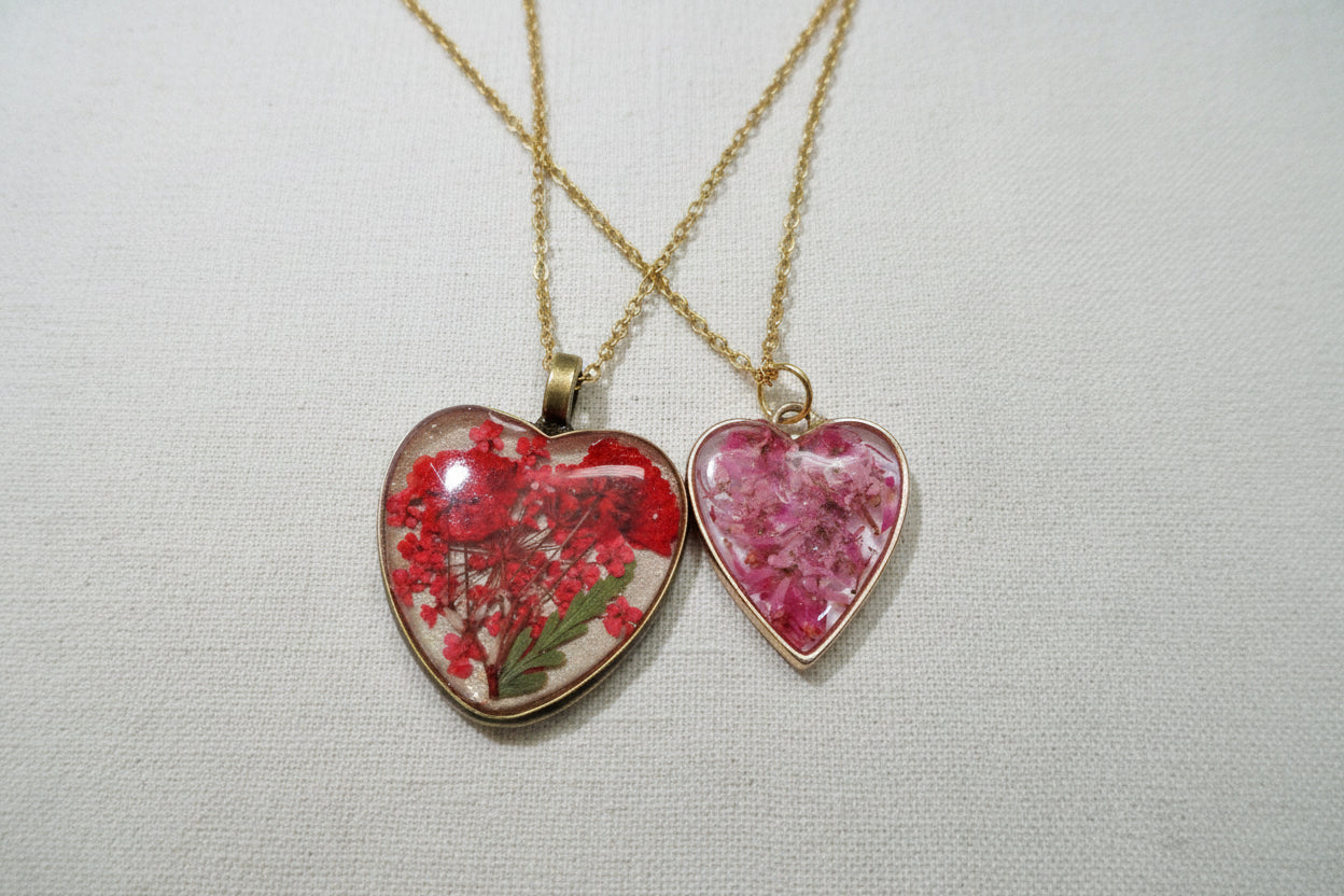 Flower heart necklace workshop at Jungle Relics + Relic. Create a pressed flower pendant, enjoy tea, and relax in this cozy 2 hour class.