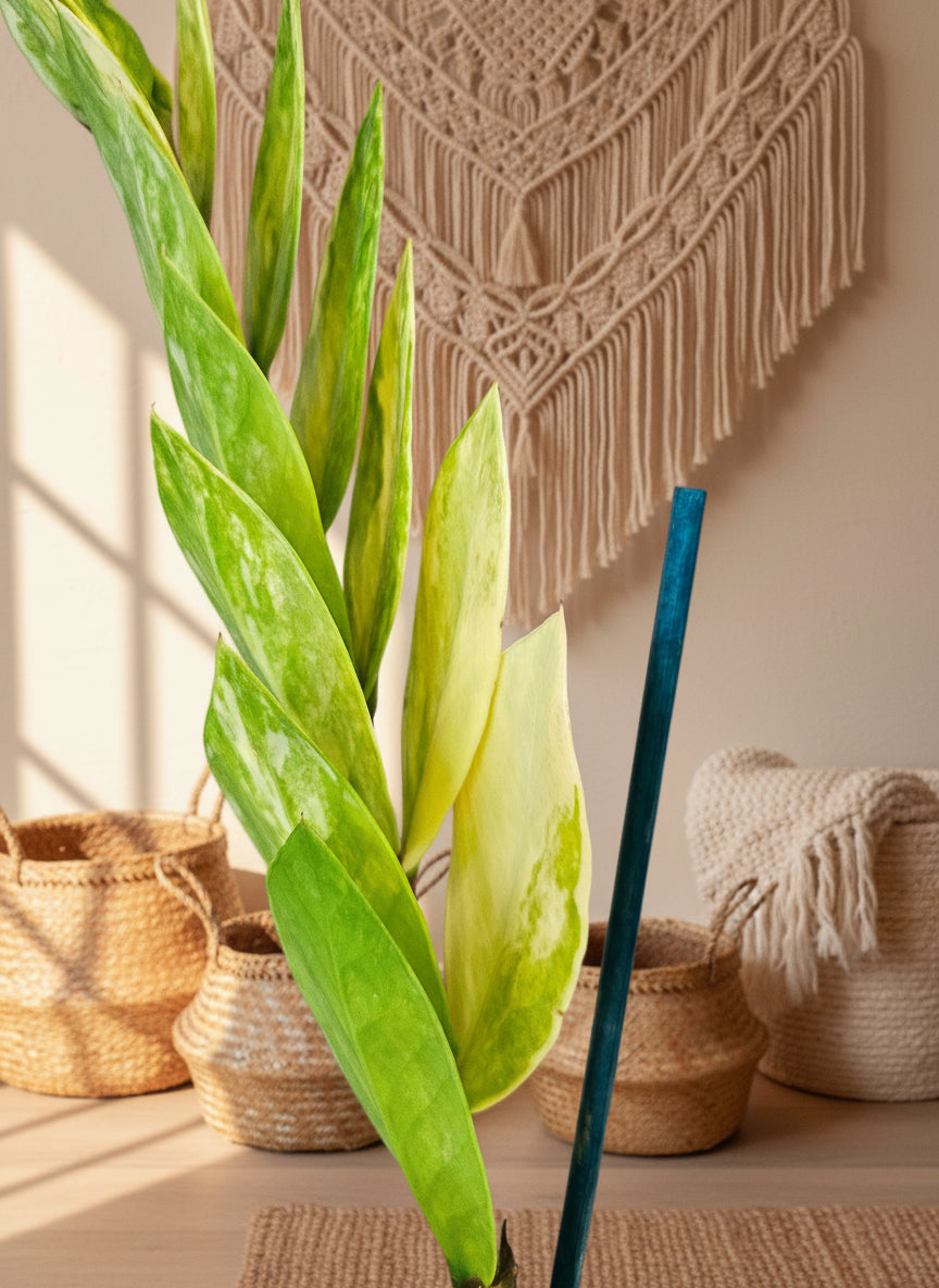 Variegated ZZ Plant (Zamioculcas zamiifolia variegata) with creamy marbled leaves. Rare, resilient, and low-maintenance—perfect for collectors.