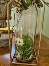 White Daisy & Ferns Gold Lantern features real pressed flowers in a gold frame—perfect for adding woodland charm and soft, natural light to any space.