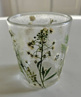 Fairy Tea Candles: Decorative Dried Flower Tea Candles and Votive Holders 2.5"x2" add elegance to any space. Perfect for tea parties, dinners, or meditation, they include Set & Setting Love in Merry and Bright Tea Light Candles with champagne, balsam fir, and moss scents. Stylish, low-maintenance, and ideal as gifts for any occasion.