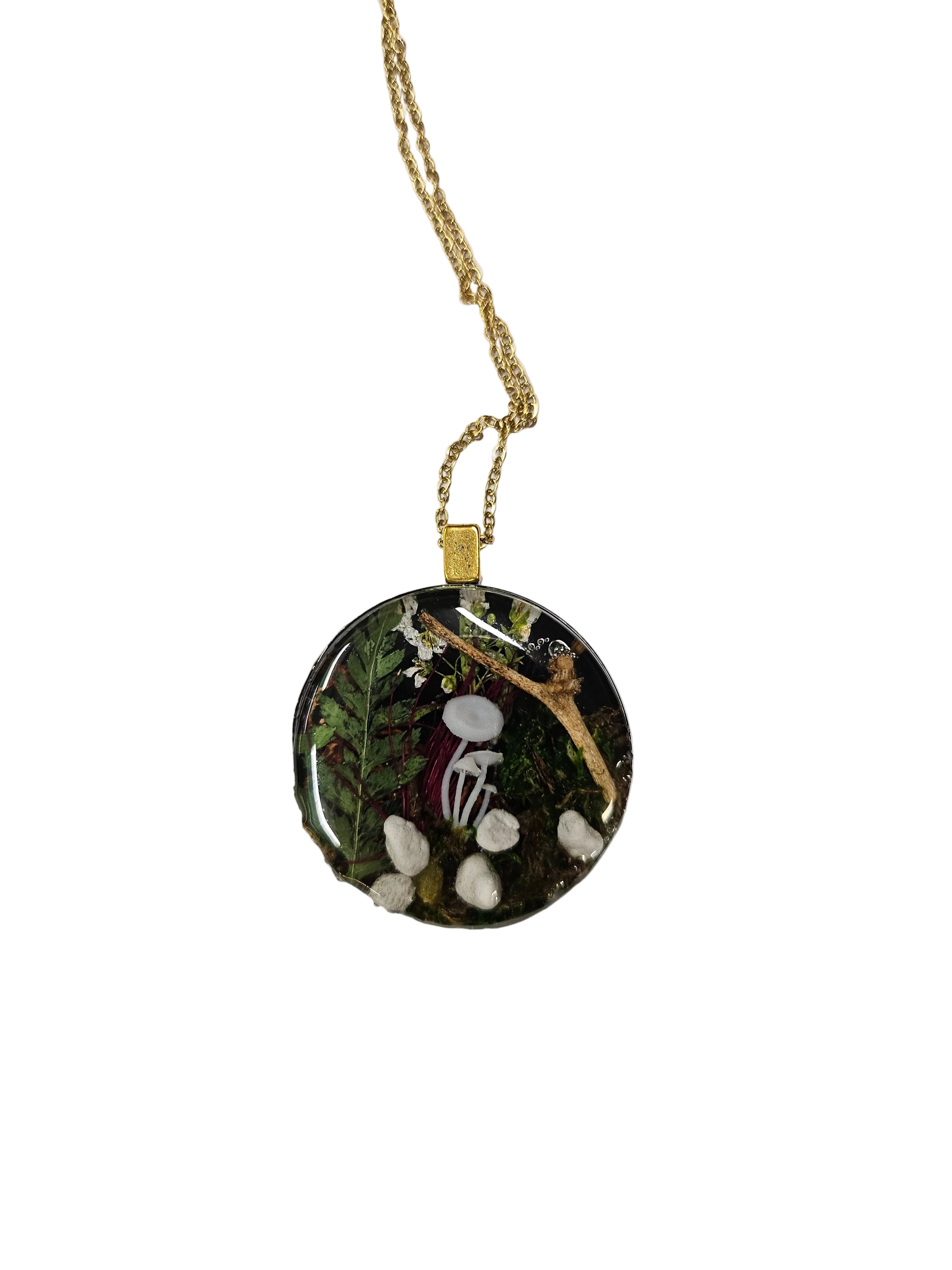 Forest Night Botanical Necklace with real preserved botanicals in resin. A moody, handcrafted nature-inspired keepsake for woodland lovers.