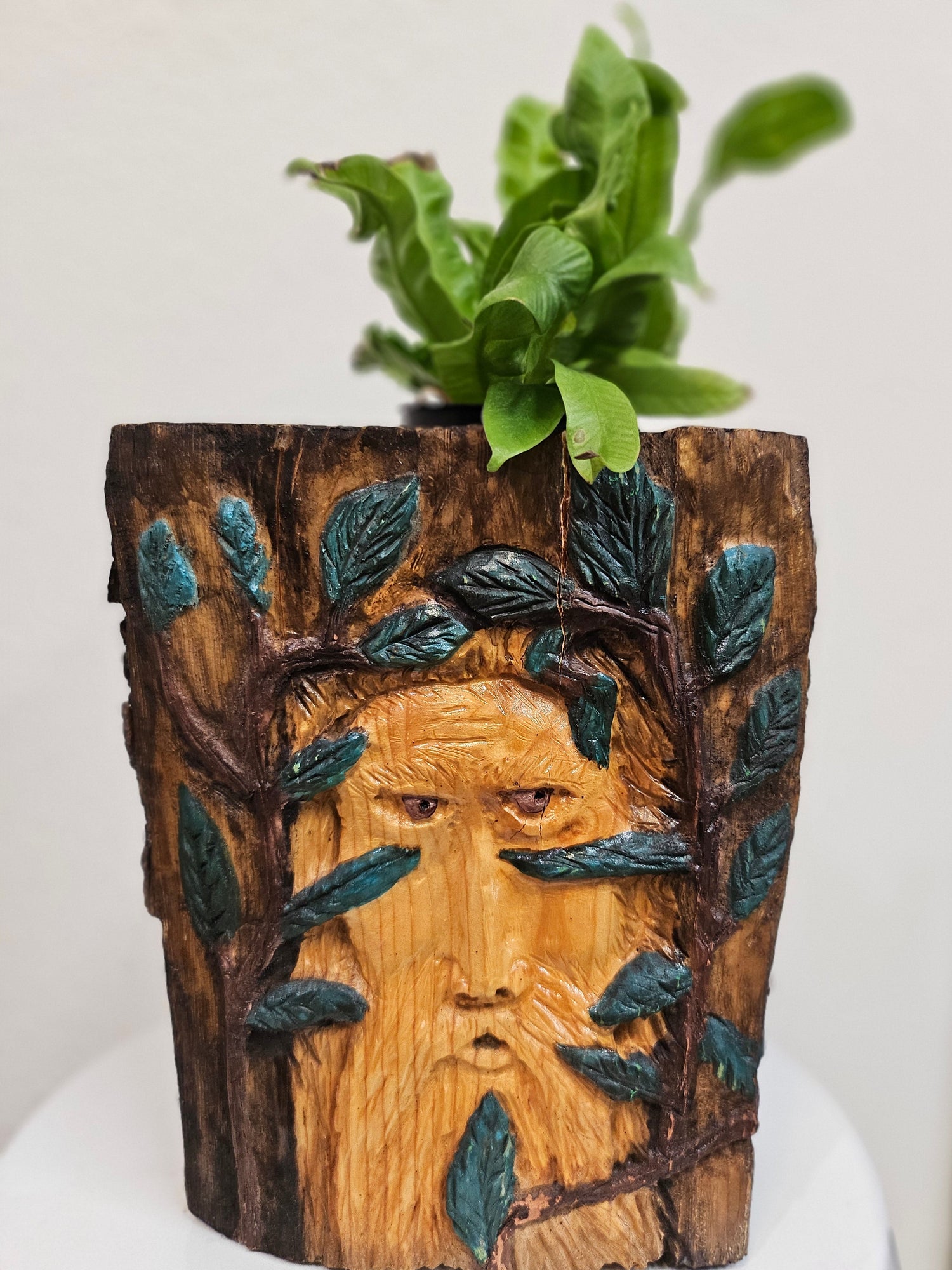 This Hand-Carved & Painted Wood Spirit Planter in solid walnut features intricate details and black-painted accents. 100% handmade, each piece is unique and perfect for home decor or garden. The natural walnut grain and artisanal craftsmanship add rustic charm, making it a standout decorative piece for any space.