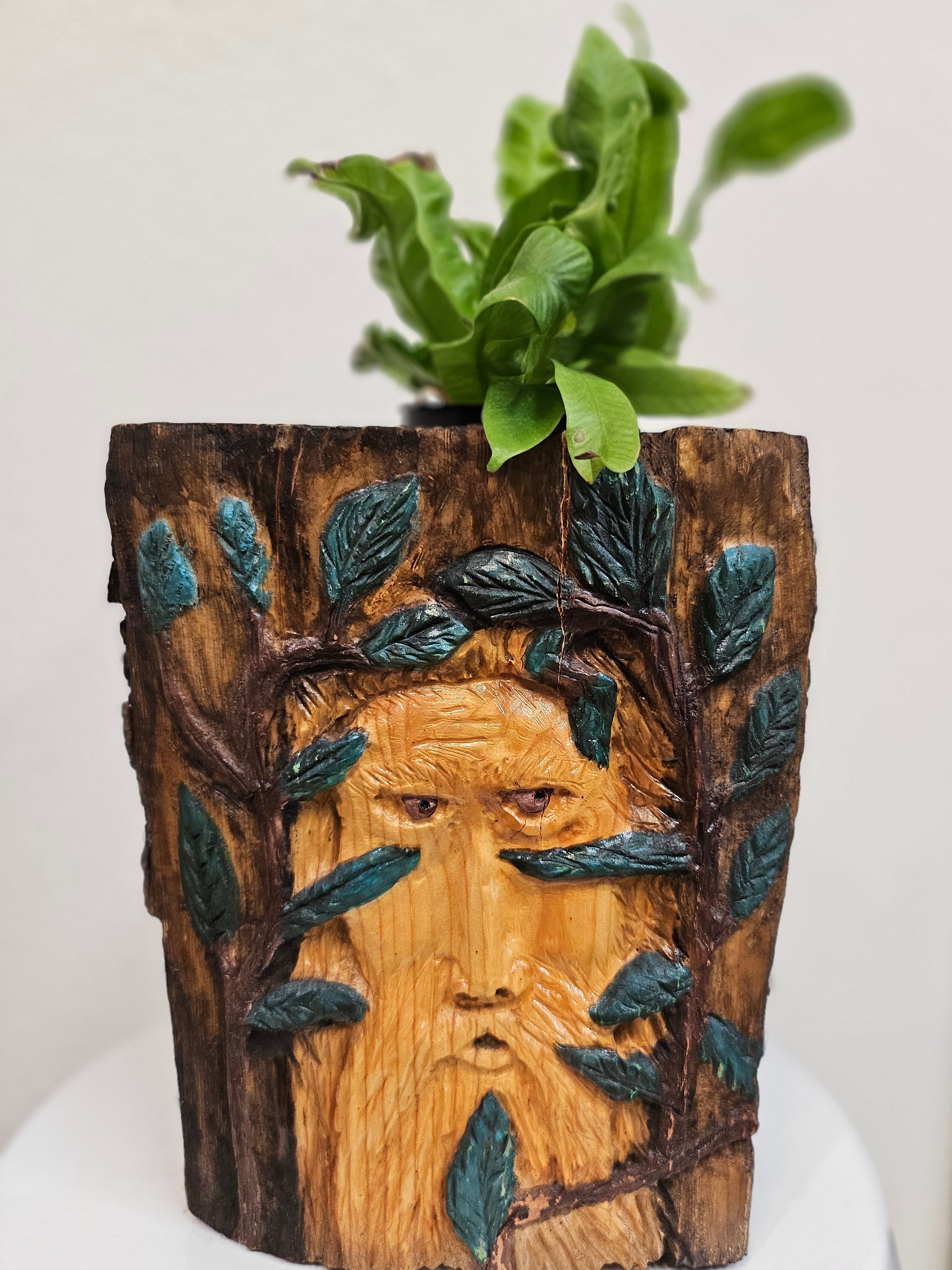 This Hand-Carved & Painted Wood Spirit Planter in solid walnut features intricate details and black-painted accents. 100% handmade, each piece is unique and perfect for home decor or garden. The natural walnut grain and artisanal craftsmanship add rustic charm, making it a standout decorative piece for any space.