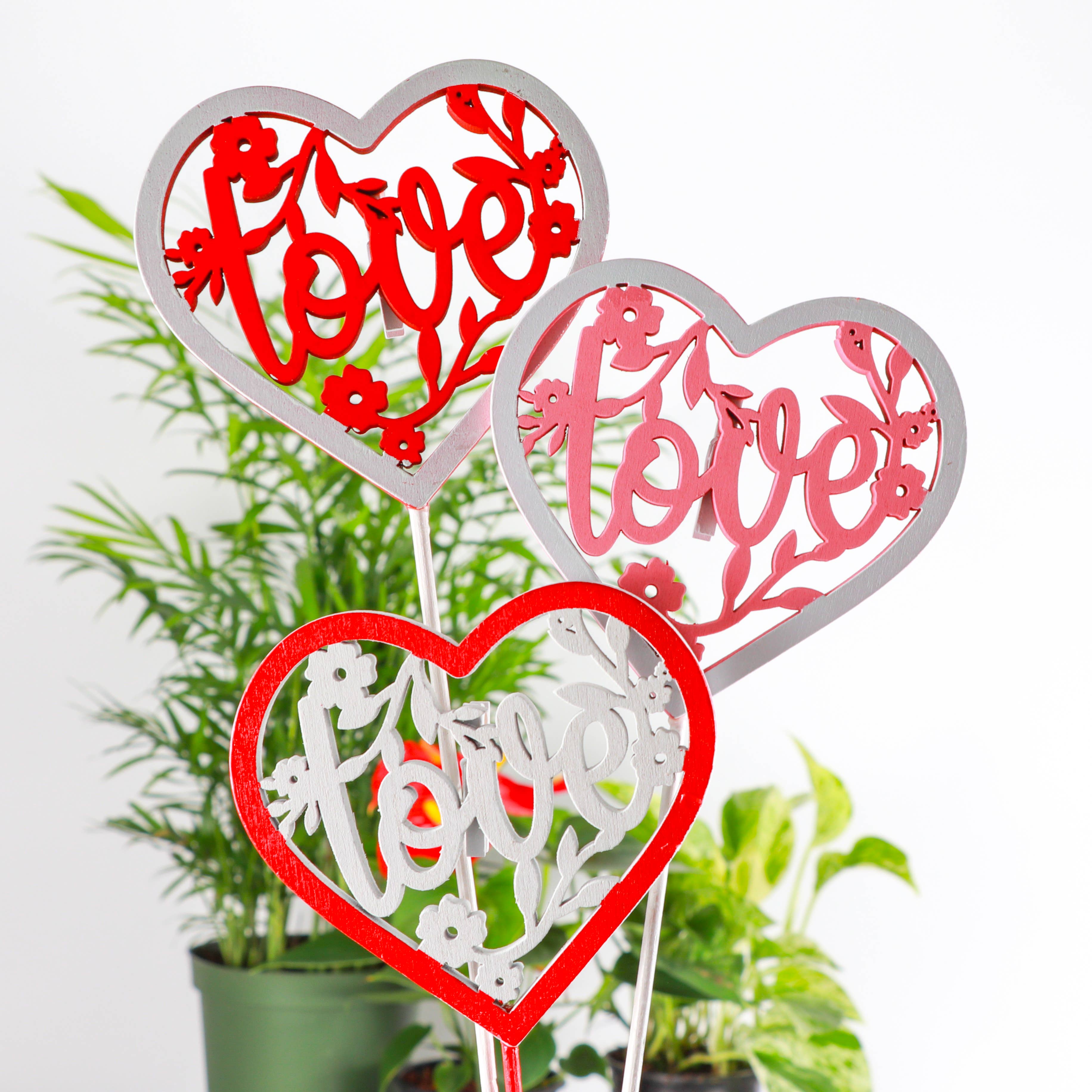 Wooden heart plant picks with built-in clip for cards or notes. Perfect finishing touch for houseplant gifts. Trim-to-fit 18" stake. No plants included.