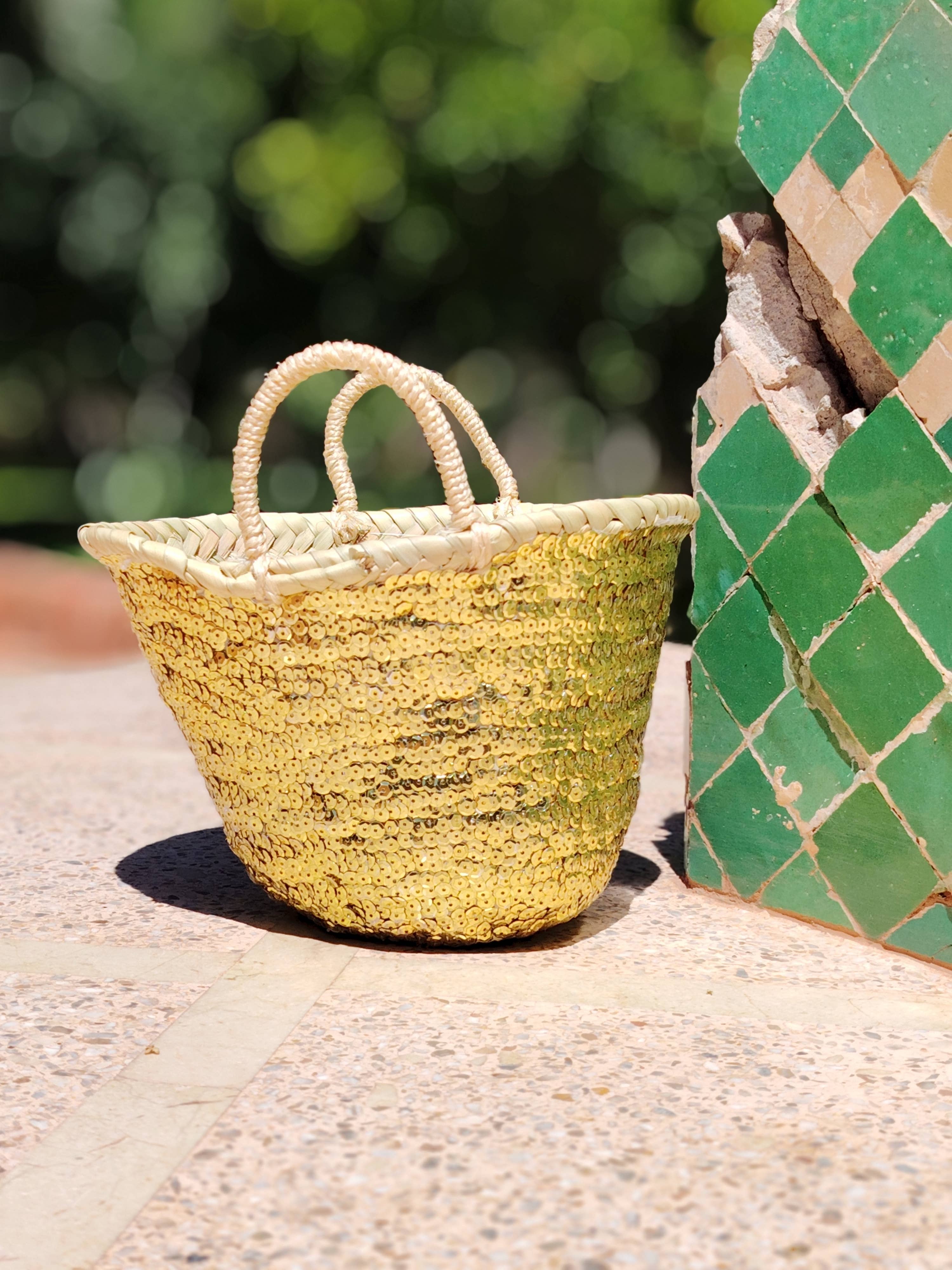 Twins Basket - Handwoven Straw Tote Basket – Gold Sequin Embellished
